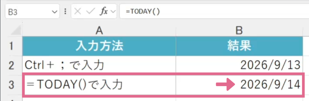 TODAY関数の日付が更新されている様子